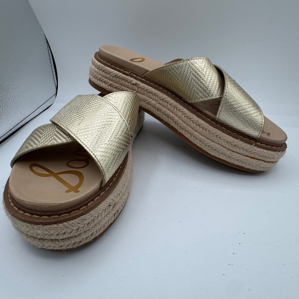 Sam Edelman Gold Metallic Platform Espadrille Slides Sandals Womens 8